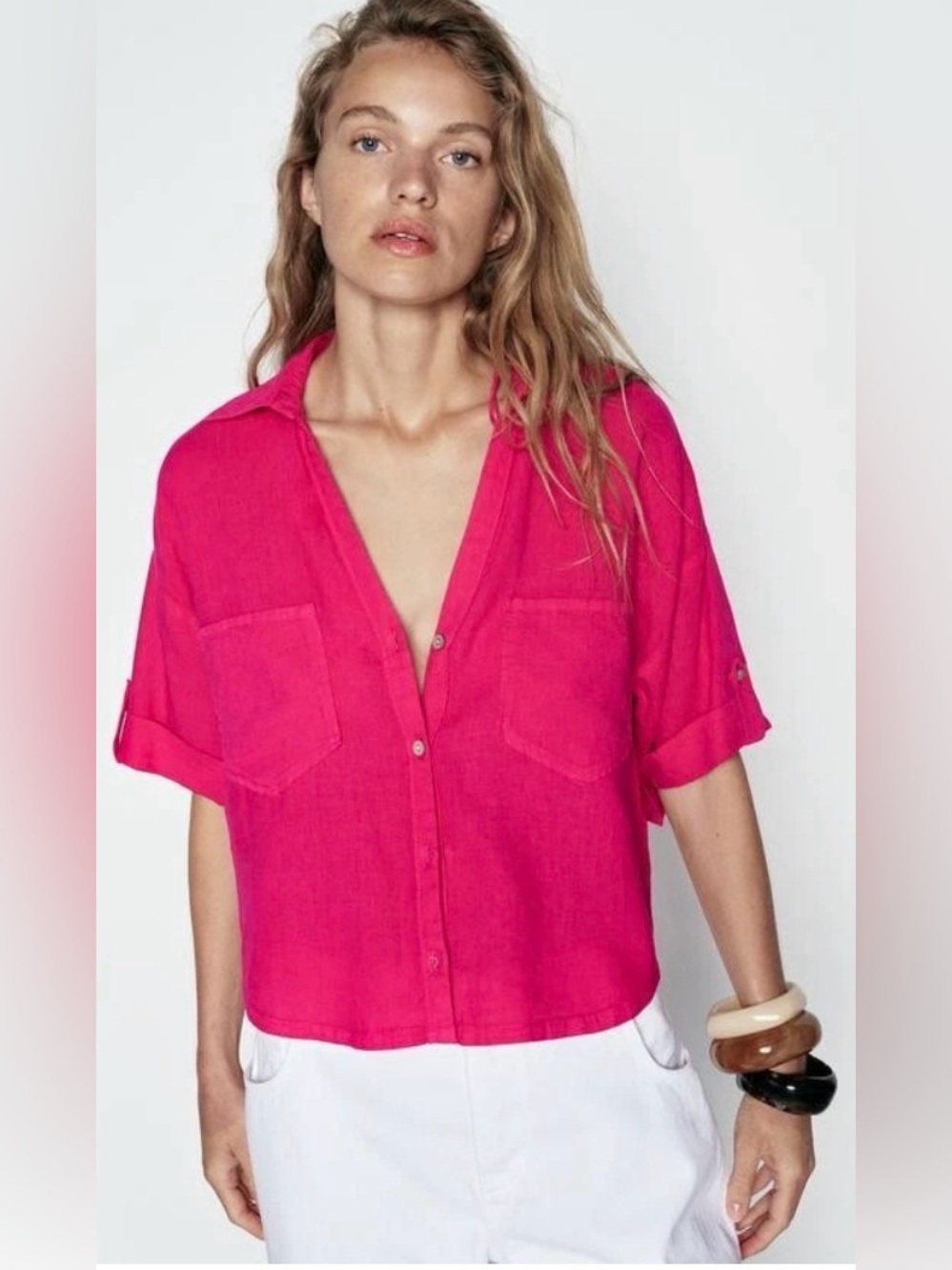 Zara linen blend oversized Short-Sleeve Button-Down Shirt⭐️XS
